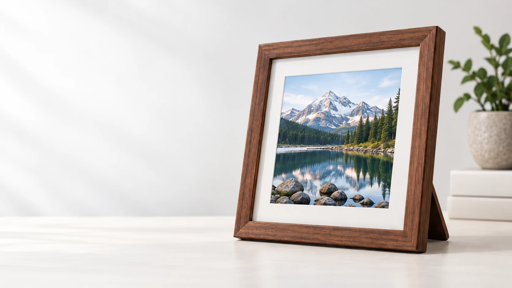 Illustrative preview of a digital walnut-style frame with a mountain lake photo on a pale desk.