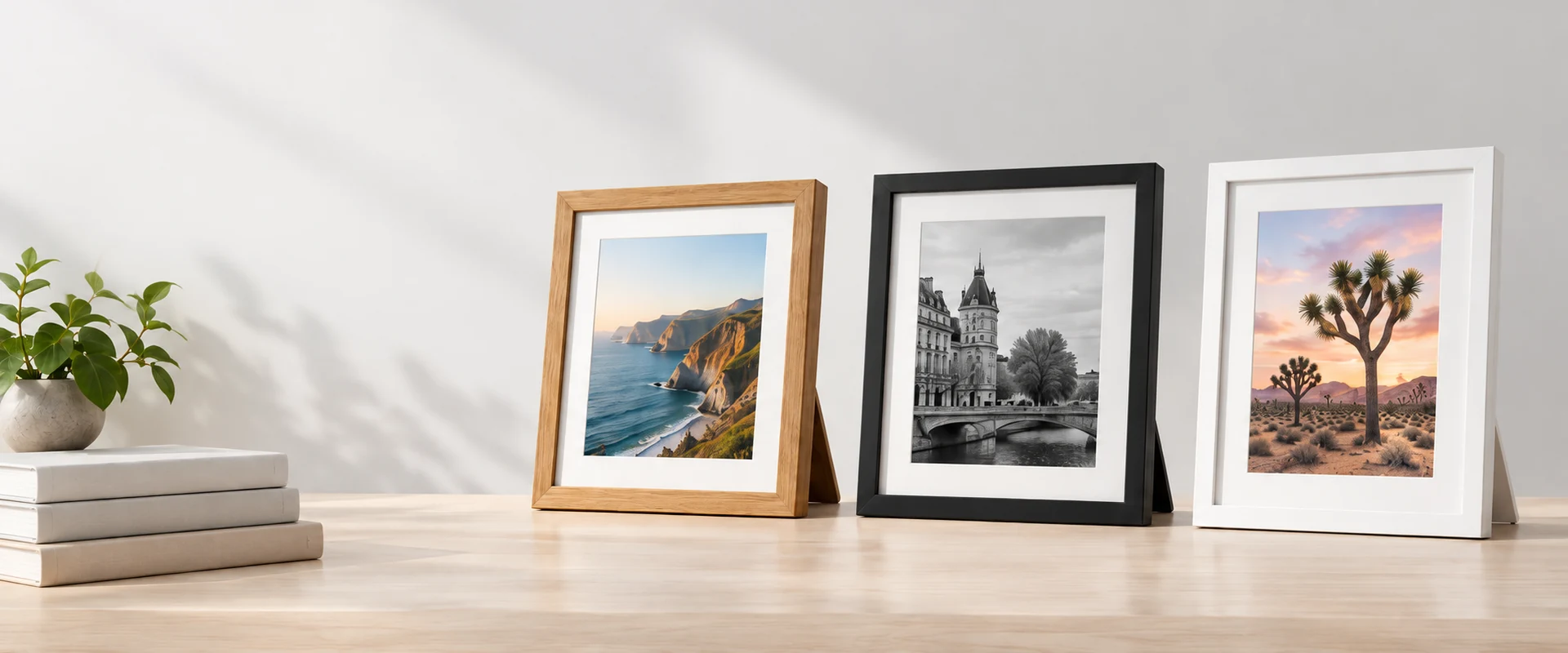 Illustrative preview of oak-style, black metal-style and white gallery-style digital frames.