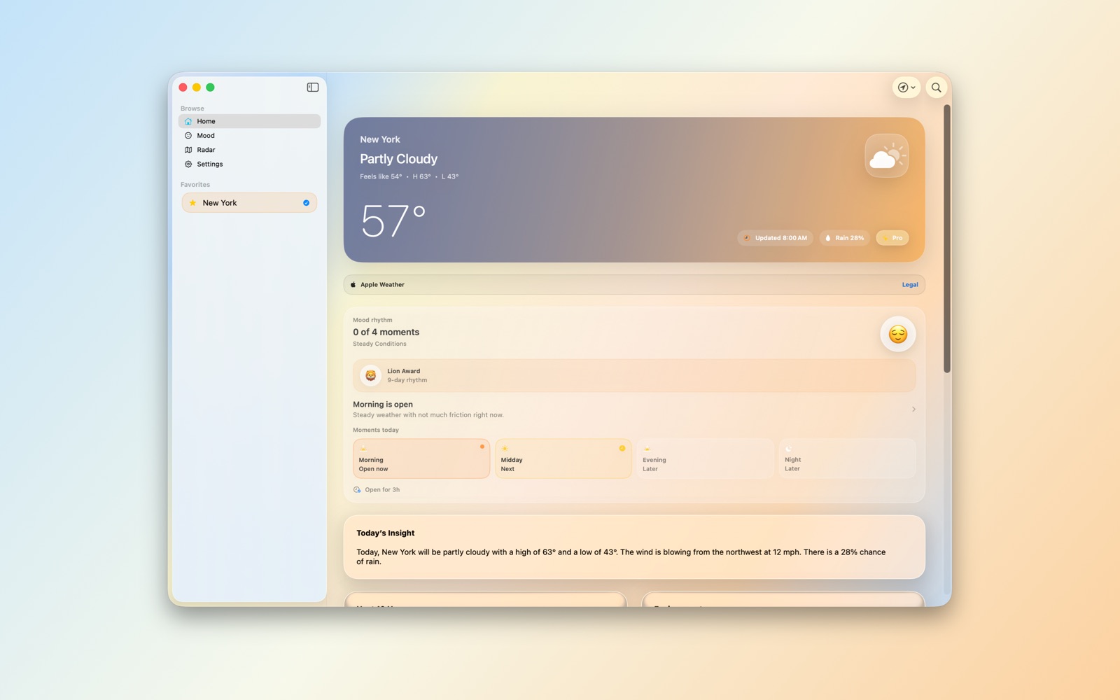Aura Sky dashboard on Mac showing current weather, forecast cards, and daily context.