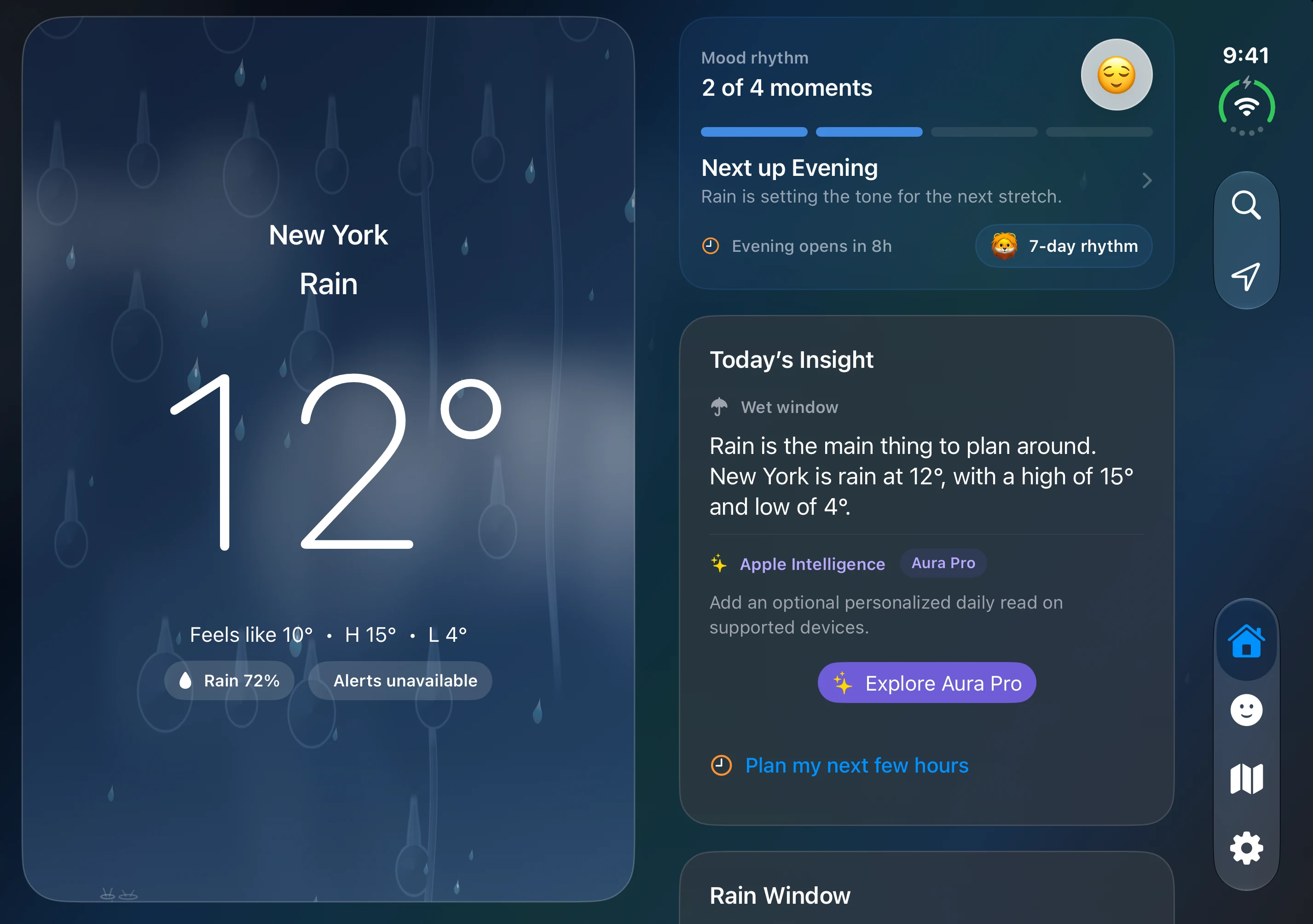 Aura Sky Home on the wide iPhone Duo inner display, showing current weather and forecast cards.