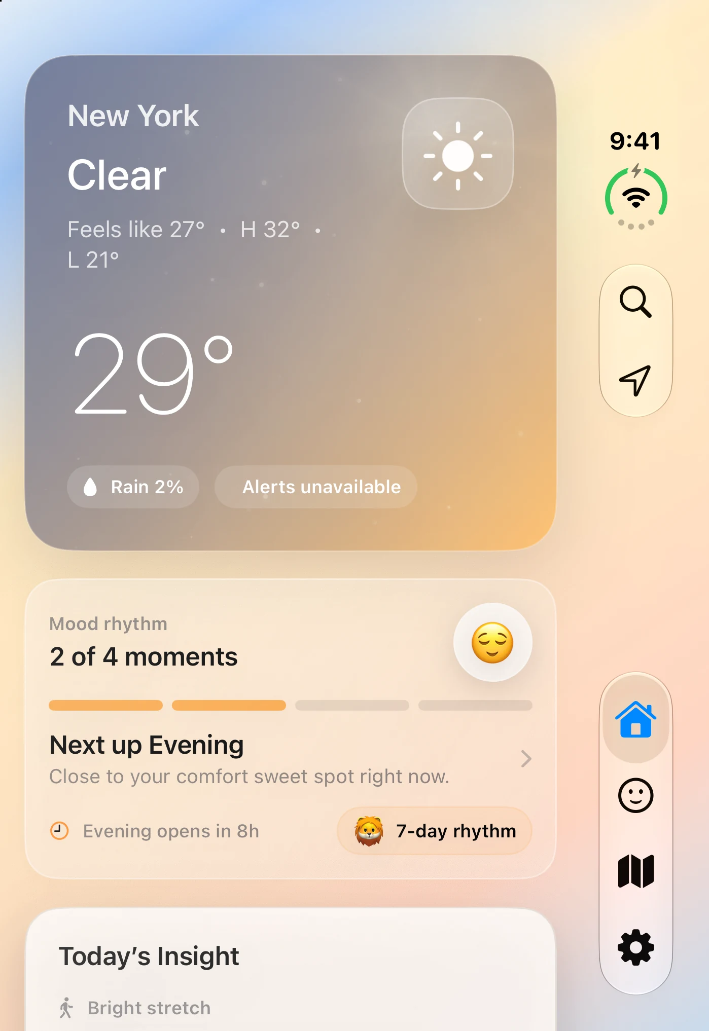 Aura Sky Home on the compact iPhone Duo outer display, showing current weather and a forecast overview.