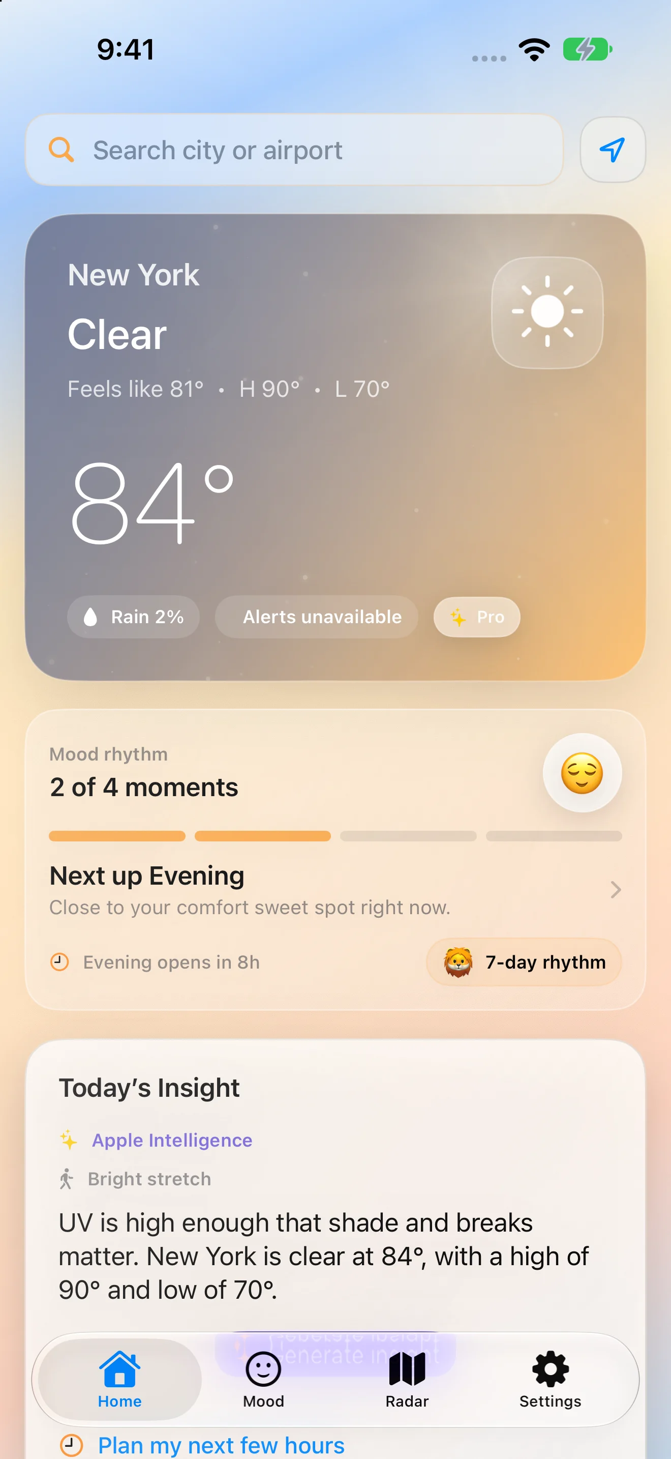 Aura Sky on iPhone showing current weather, forecast information, and Mood Rhythm.