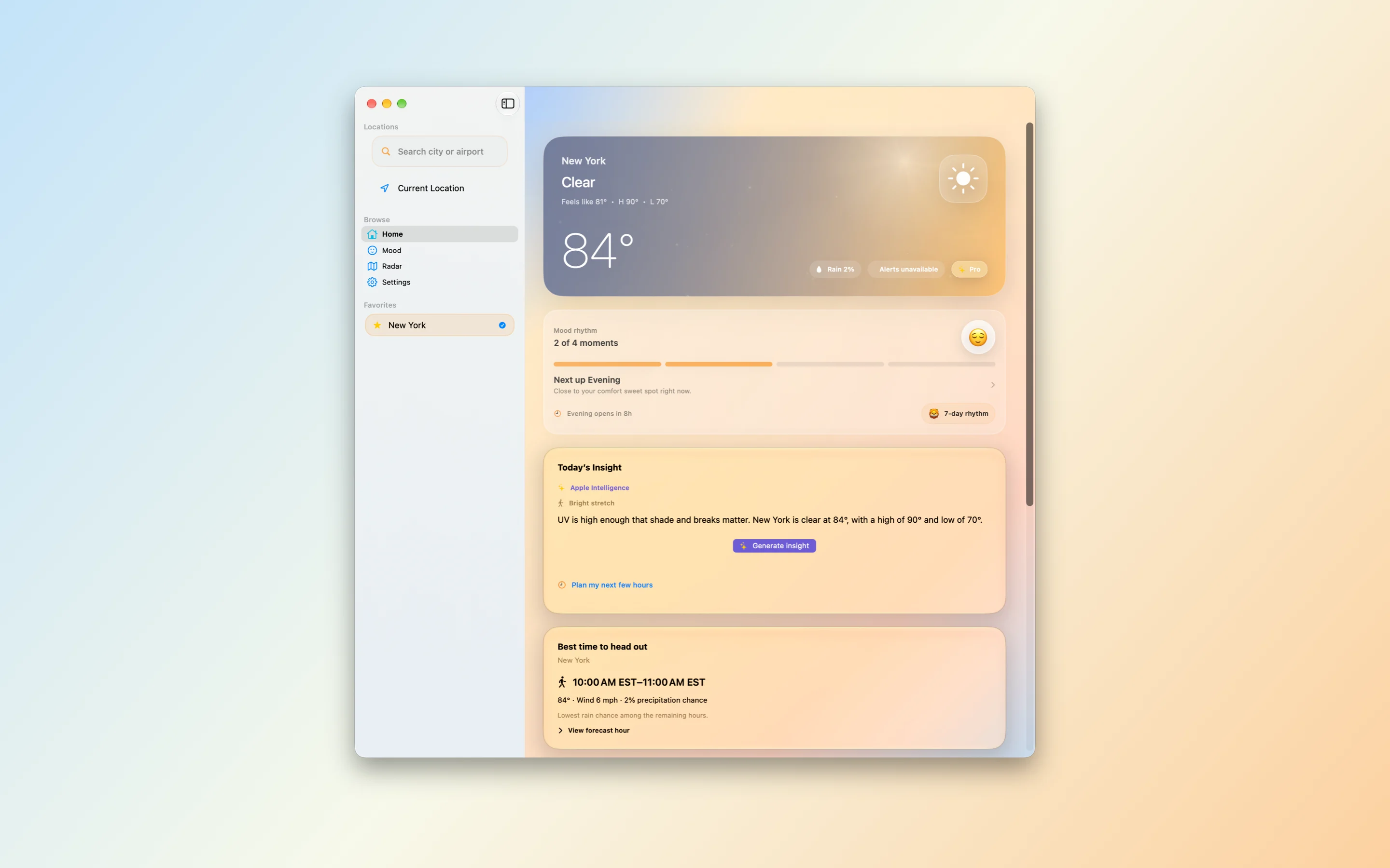 Aura Sky on Mac showing current weather, forecast information, and Mood Rhythm.