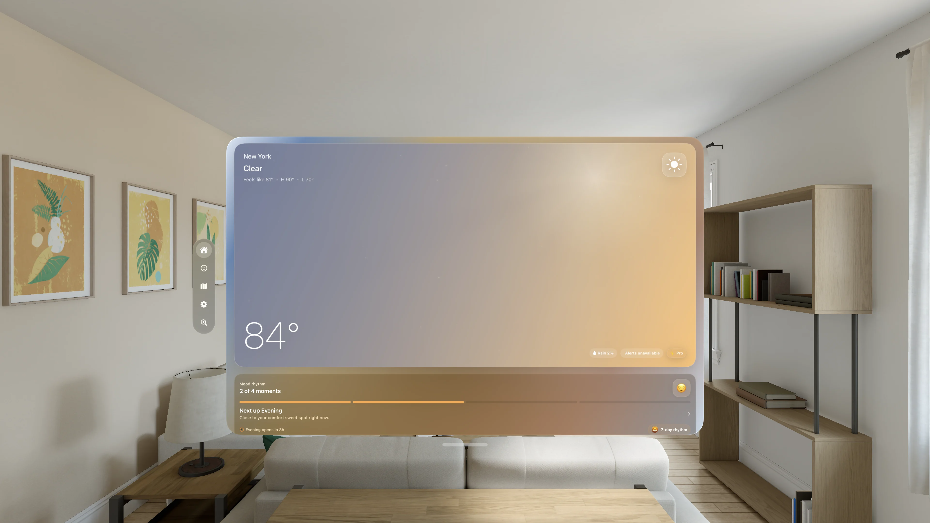 Aura Sky on Apple Vision Pro showing current weather, forecast information, and Mood Rhythm.