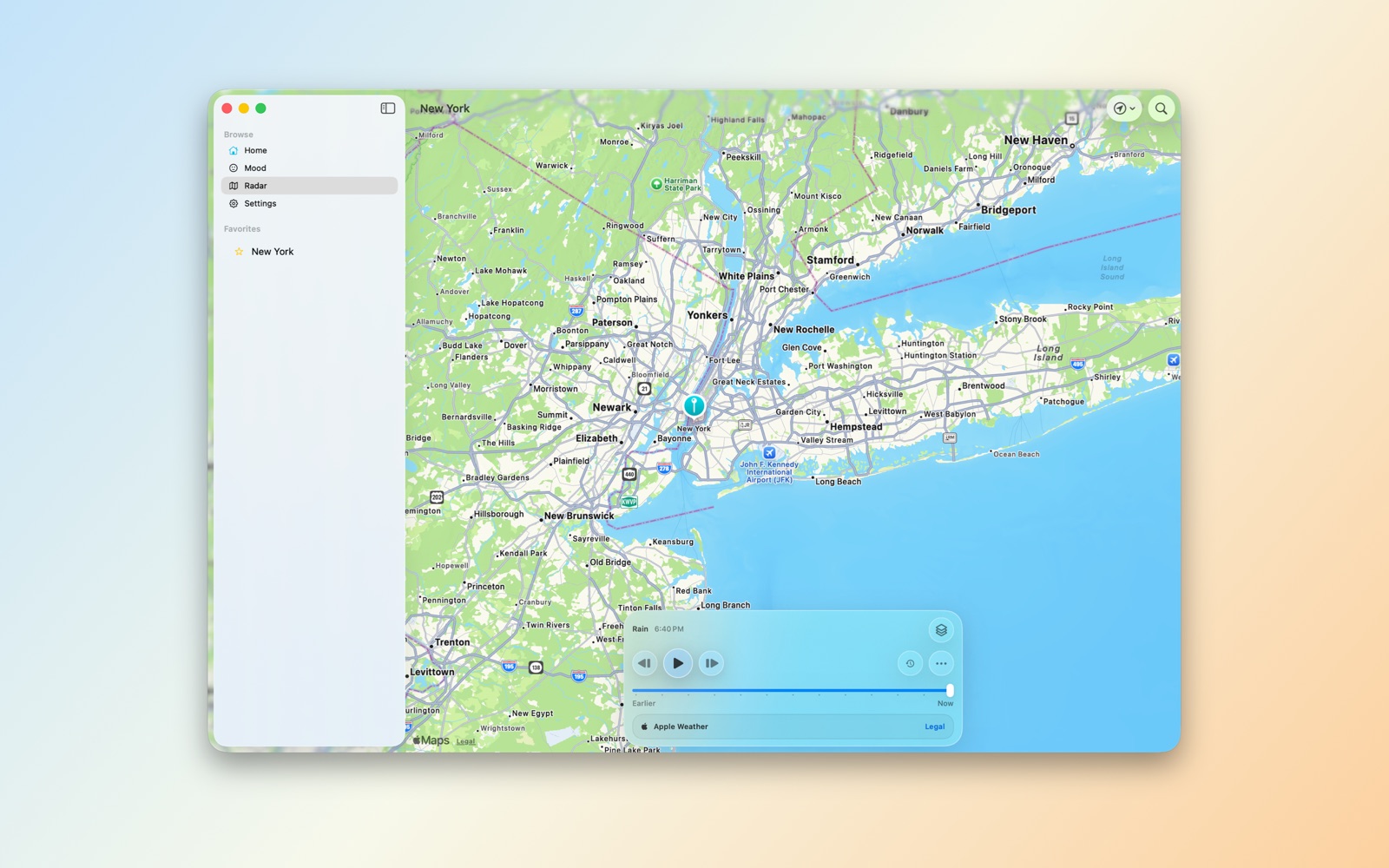 Aura Sky radar on Mac showing map layers and weather context.